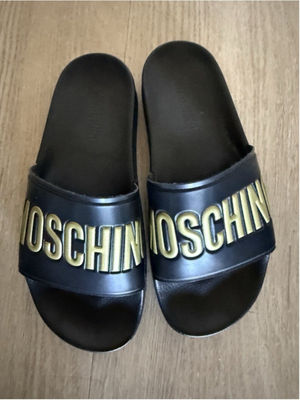 Moschino Black Gold Logo Pool Slide Sandals EU 36 US 6